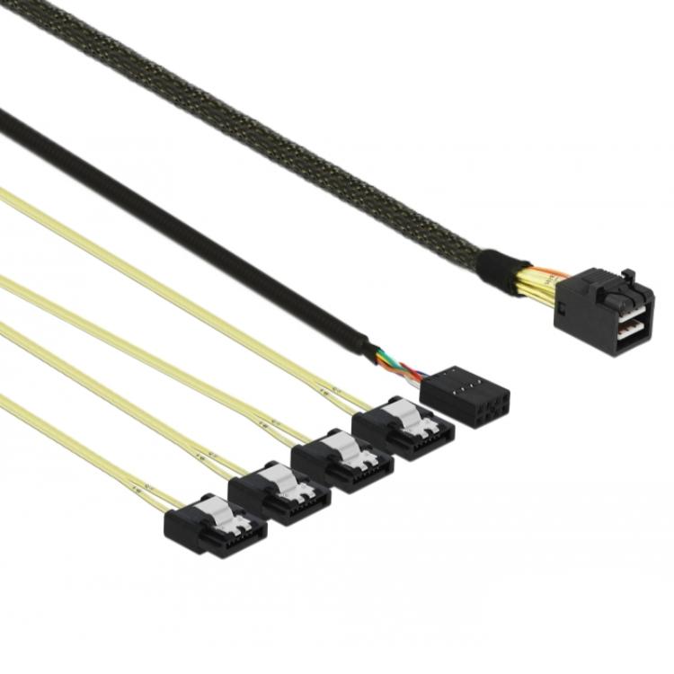 Delock Kabel mini SAS HD SFF-8643 > 4 x SATA 7 Pin + Sideband 0,5 m Metall - Delock