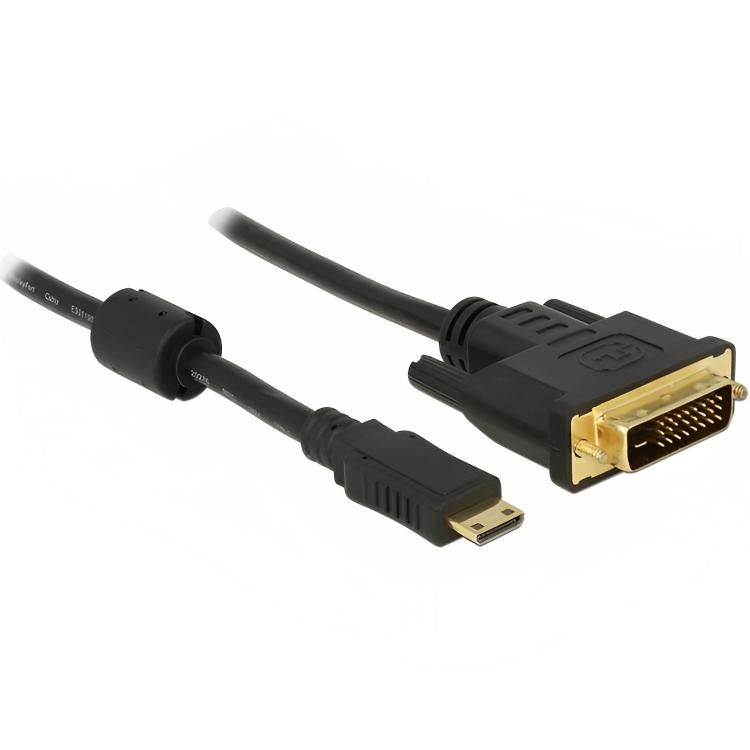 Mini HDMI zu DVI-D KabelrnDieses Kabel von Delock dient zum Anschluss von Geräten mit einem Mini-HDMI Anschluss (Typ C), wie z.B. Digitalkameras und Camcorder, an einen DVI-Monitor. Das Kabel transportiert ausschliesslich digitale Videosignale und eignet sich für die Wiedergabe auf kompatiblen DVI-D Displays.rnrnMini HDMI (Typ C) AnschlussrnDer Mini-HDMI-Stecker (Typ C) ist ein kompakter 19-poliger HDMI-Anschluss, der bei tragbaren Geräten zum Einsatz kommt. Dieser Anschluss liefert ein digitales Videosignal über HDMI.rnrnDVI-D (Dual Link) AnschlussrnDer DVI-D Dual Link Stecker (24+1) dient der digitalen Videowiedergabe auf Monitoren und Projektoren mit einem DVI-D Eingang. Der Stecker ist mit einer Schraubensicherung für eine stabile und feste Verbindung ausgestattet. Analoge Signale werden nicht unterstützt.rnrnBild- und SignalunterstützungrnDas Kabel entspricht der High Speed HDMI Spezifikation und unterstützt Auflösungen bis zu 1920 × 1200 @ 60 Hz. Die maximale Datenrate beträgt 5,1 Gbit/s. Eine Audioübertragung wird nicht unterstützt, da DVI ausschliesslich Videosignale transportiert.rnrnAnwendungrnGeeignet für den Anschluss von Mini-HDMI-Geräten an einen DVI-Monitor, z.B. bei Kameras, Camcordern und anderen kompakten HDMI-Quellen, bei denen ausschliesslich eine Bildwiedergabe benötigt wird.rnrnAusführungrnDas Kabel ist mit Kupferleitern, Twisted Pair Adern und einem Ferritkern zur Reduzierung elektromagnetischer Störungen ausgeführt. Die Stecker verfügen über vergoldete Kontakte. Der Signalweg ist passiv und beinhaltet keine aktive Elektronik oder Signalverstärkung.rnrnSpezifikationenrn• Marke: Delockrn• Produkttyp: Mini HDMI zu DVI-D Kabelrn• Anschluss 1: HDMI Mini Typ C 19-polig Steckerrn• Anschluss 2: DVI-D Dual Link 24+1 Steckerrn• HDMI-Spezifikation: High Speed HDMIrn• Unterstütztes Signal: digitales Videorn• Maximale Datenrate: 5,1 Gbit/srn• Maximale Auflösung: 1920 × 1200 @ 60 Hzrn• Audiounterstützung: neinrn• Ferritkern: jarn• Innenleiter: Kupferrn• AWG: 32rn• Steckerbefestigung: Schrauben auf DVI-Seitern• Kontakte: vergoldetrn• Signalweg: passivrnrnErläuterung der wichtigsten Begriffern• Mini HDMI (Typ C): Kompakter 19-poliger HDMI-Anschluss für tragbare Geräte wie Kameras und Camcorder.rn• DVI-D (Dual Link): Digitaler DVI-Standard mit zusätzlichen Datenleitungen für höhere Auflösungen; unterstützt ausschliesslich digitale Videosignale.rn• High Speed HDMI: HDMI-Klassifizierung für Kabel mit erhöhter Bandbreite für die digitale Videoübertragung.rn• Ferritkern: Bauteil, das elektromagnetische Störungen unterdrückt und die Signalqualität verbessert.rn• Passives Kabel: Kabel ohne aktive Elektronik oder Signalverstärkung.rn• AWG: American Wire Gauge, Bezeichnung für die Dicke der Leiter im Kabel.rn