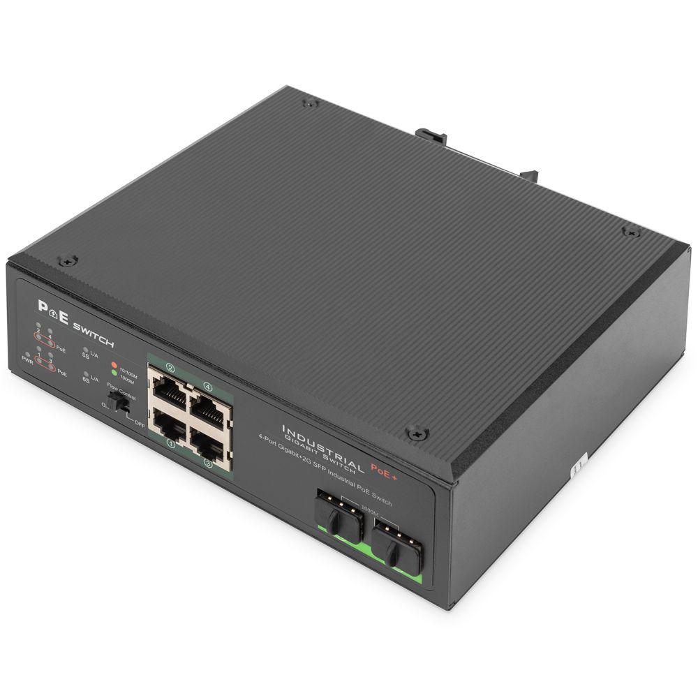 Industrieller 4 Port Gigabit PoE+ Switch mit 2x SFP Uplink Anschlüsse