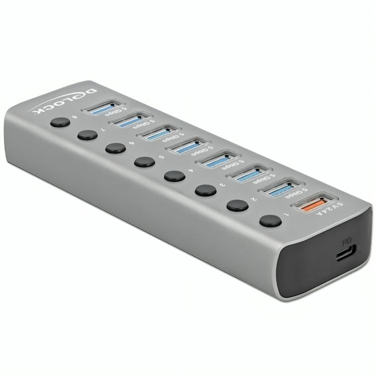 USB-Hub mit 8× USB A Ports, Power Delivery und externer Stromversorgung