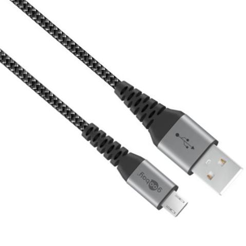 Micro USB auf USB A Textilkabel mit Metallsteckern (Spacegrau / Silber) 0 - Goobay