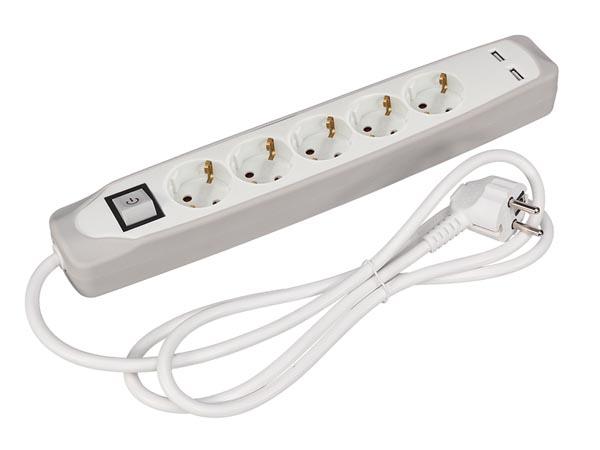 5-FACH-STECKDOSE MIT SCHALTER - 2 USB-ANSCHLÜSSE - GRAU/WEISS - SCHUKO - Perel