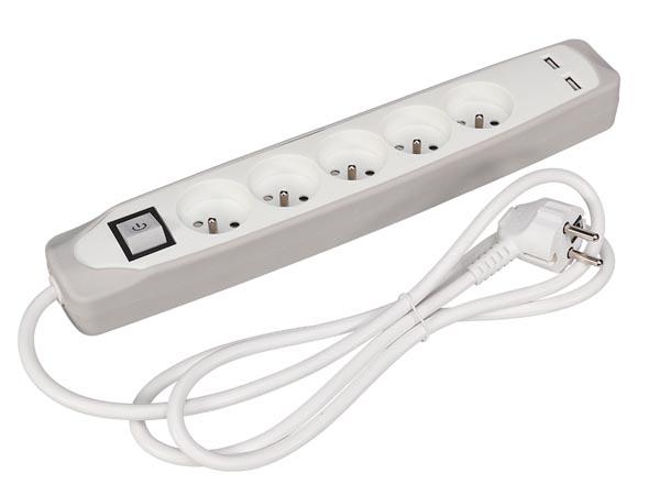 5-FACH STECKDOSE MIT SCHALTER - 2 USB-ANSCHLÜSSE - GRAU/WEISS - STIFTERDUNG - Perel