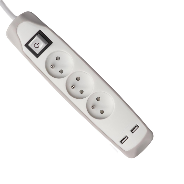 Steckdosenleiste mit Schutzkontakt, 3 Steckdosen, 2× USB A und Schalter