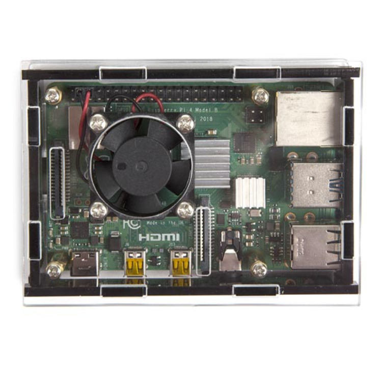 TRANSPARENTES GEHÄUSE MIT KÜHLELEMENTEN UND LÜFTER FÜR RASPBERRY PI 4®. - Whadda
