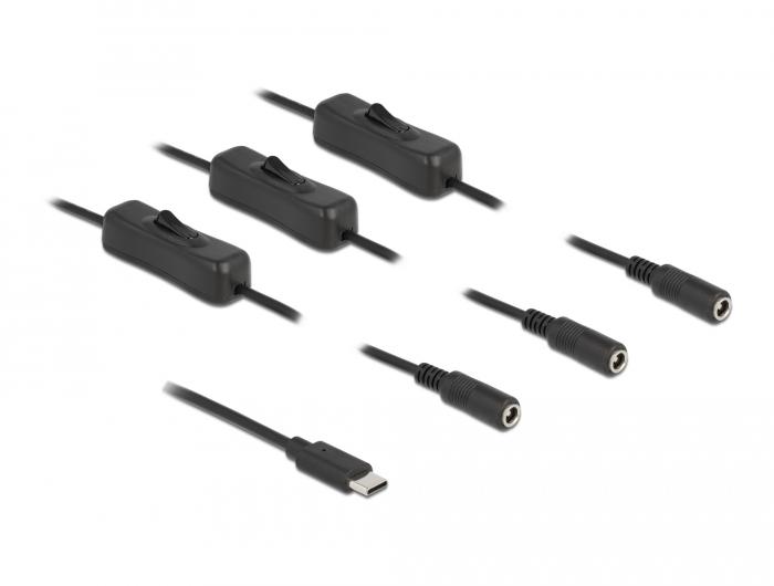 Delock Kabel USB Type-C™-Stecker auf 3 x DC 5,5 x 2,1 mm Buchse mit Schalter - Delock