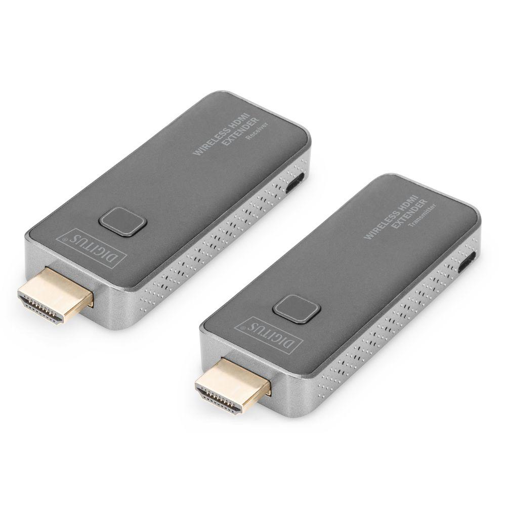 Kabelloser HDMI™ Extender-Set – 50 m – 1080p@60Hz – 1-zu-1 Dieses kabellose HDMI™ Extender-Set besteht aus 1 Sender und 1 Empfänger und ermöglicht die drahtlose Übertragung von HDMI™ Video- und Audiosignalen zwischen zwei Geräten. Die Übertragung erfolgt über eine Punkt-zu-Punkt-Verbindung mit einer maximalen Entfernung von 50 m bei freier Sichtlinie. Die maximal unterstützte Auflösung beträgt 1920 × 1080 @ 60 Hz. Video wird drahtlos mit H.264-Kompression gesendet und hat eine Latenz von ca. 120 ms. Audio wird in Stereo PCM mit einer Abtastrate von 48 kHz mit übertragen. Die kabellose Verbindung nutzt das 5-GHz-Band gemäß IEEE 802.11ac. Die Sicherheit wird über AES 128-Bit-Verschlüsselung und WPA2 gewährleistet. Sender und Empfänger werden über den HDMI™-Anschluss des angeschlossenen Geräts oder über Micro-USB mit Strom versorgt. Für die Stromversorgung über HDMI™ ist ein Strom von ≥ 0,5 A erforderlich. Signalrichtung HDMI™ → HDMI™ (Sender an Empfänger). Eingänge 1x HDMI™ Male pro Sender für den Anschluss an die Quelle. Ausgänge 1x HDMI™ Male pro Empfänger für den Anschluss an das Anzeigegerät. Bild- und Video-Unterstützung Maximale Auflösung 1920 × 1080 @ 60 Hz. Unterstützung für Full HD-Video über drahtlose Übertragung. HDMI-Pegel HDMI™ 1.4 – High Speed. Audio Unterstützt Stereo-Audio, 16-Bit / 48 kHz, über HDMI™ mitgesendet. Kabellose Übertragung IEEE 802.11ac, 5 GHz, 2T2R. Reichweite bis zu 50 m bei freier Sichtlinie. Hindernisse wie Wände oder Glas können die Reichweite einschränken. Sicherheit Unterstützt AES 128-Bit-Verschlüsselung und WPA2-Authentifizierung. Stromversorgung Stromversorgung über HDMI™-Port (≥ 0,5 A) oder über Micro-USB (DC 5 V / 0,5 A). Ausführung ABS-Gehäuse in schwarzer Ausführung. Spezifikationen • Produkttyp: Kabelloser HDMI™ Extender-Set • Konfiguration: 1x Sender + 1x Empfänger • Signalübertragung: Kabellos (Punkt-zu-Punkt) • Max. Auflösung: 1920x1080@60Hz • Reichweite: Bis zu 50 m (freie Sichtlinie) • Kabelloser Standard: IEEE 802.11ac, 5 GHz, 2T2R • HDMI-Version: HDMI™ 1.4 – High Speed • HDCP-Version: 1.3 • Videokompression: H.264 • Latenz: ca. 120 ms • Audio: Stereo, 16-Bit / 48 kHz • Verschlüsselung: AES 128-Bit • Authentifizierung: WPA2 • Anschlüsse pro Einheit: 1x HDMI Male, 1x Micro-USB Female • Stromversorgung: HDMI™ oder Micro-USB • Stromverbrauch: 2,5 W • Betriebstemperatur: 0 – 40 C • Gehäuse: ABS • Farbe: Schwarz • Abmessungen pro Einheit: 83 x 32 x 13 mm • Gewicht pro Einheit: 27 g Erläuterung der verwendeten Begriffe • Kabelloser HDMI™ Extender: Gerät, das HDMI™ Video- und Audiosignale ohne Kabel überträgt. • Punkt-zu-Punkt: Direkte Verbindung zwischen einem Sender und einem Empfänger. • Freie Sichtlinie: Übertragung ohne physische Hindernisse zwischen Sender und Empfänger. • H.264: Videokompressionsstandard für effiziente drahtlose Übertragung. • Latenz: Verzögerung zwischen Quelle und Anzeige. - Digitus
