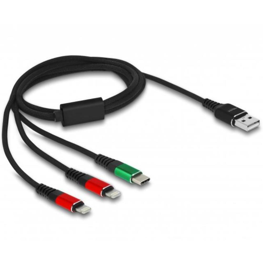 Delock USB-Ladekabel 3 in 1 Typ-A zu 2 x Lightning™ / USB Typ-C™ 1 m - Delock