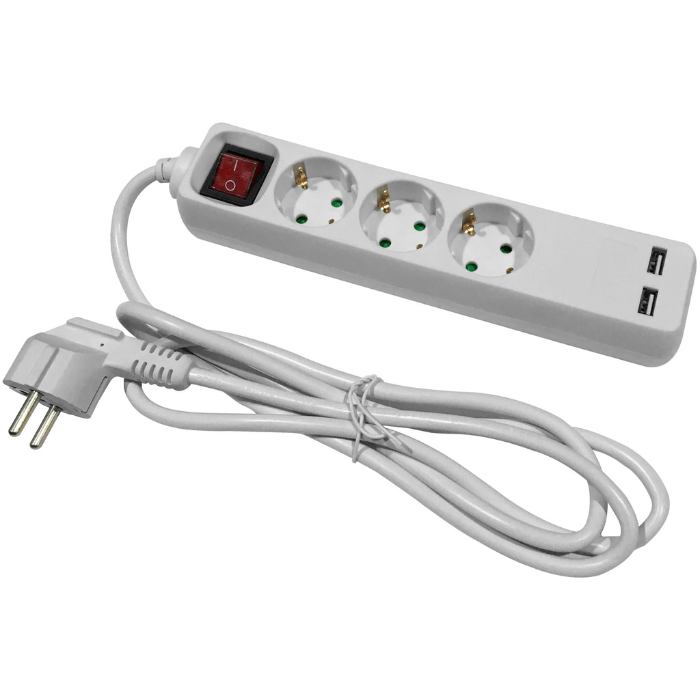 3-fach Steckdosenleiste mit Schalter und 2 USB Ports, zum Anschluss von bis  zu drei Elektrogeräten und zwei USB-Geräten, mit Kindersicherung,  Kabellänge 1,5m