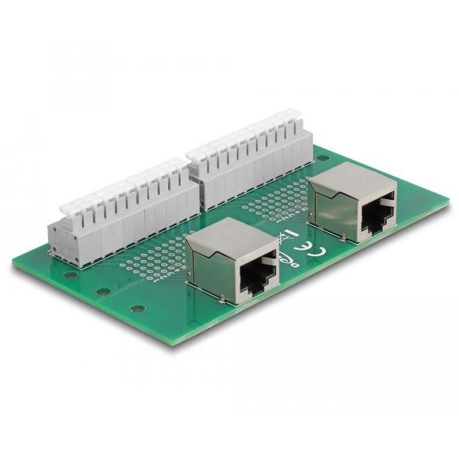 Delock RJ50 2 x Buchse zu 2 x Terminalblock mit Drucktaster für Hutschien