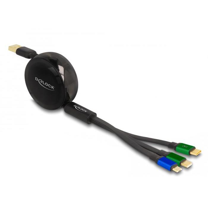 Delock USB Aufroll-Ladekabel 3 in 1 Typ-A auf Micro USB / 2 x USB Type-C™