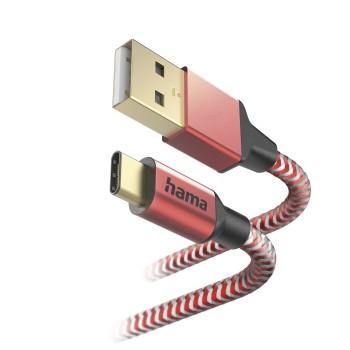 Ladekabel Reflective, USB-A - USB-C, 1,5 m, Nylon, rot - Hama