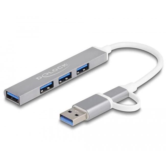 Delock 4 Port Slim USB Hub mit USB Typ-C™ oder USB Typ-A zu 3 x USB 2.0