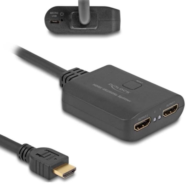 Delock HDMI-Splitter 1 x HDMI-Eingang auf 2 x HDMI-Ausgang 4K 60 Hz mit Downscaler