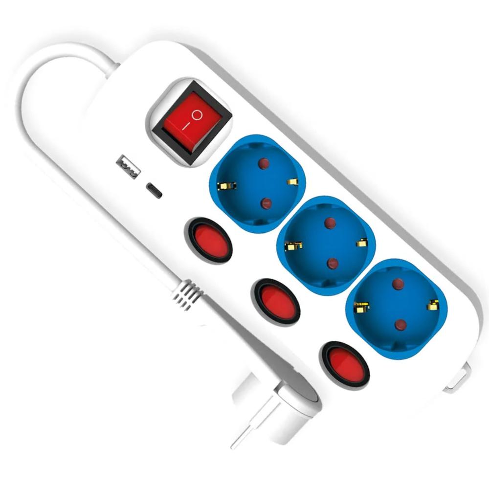 ROLINE 3-fach Steckdosenleiste mit Schalter, + Schnellladegerät, 1x USB A+C, 3 - Roline