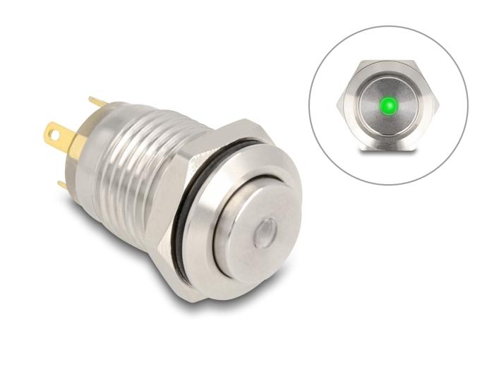 Delock Drucktaster zum Einbau 12 mm 4 x Lötanschluss LED grüner Punkt