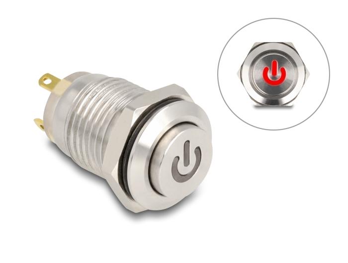 Delock Drucktaster zum Einbau 12 mm 4 x Lötanschluss LED rot Powersymbol