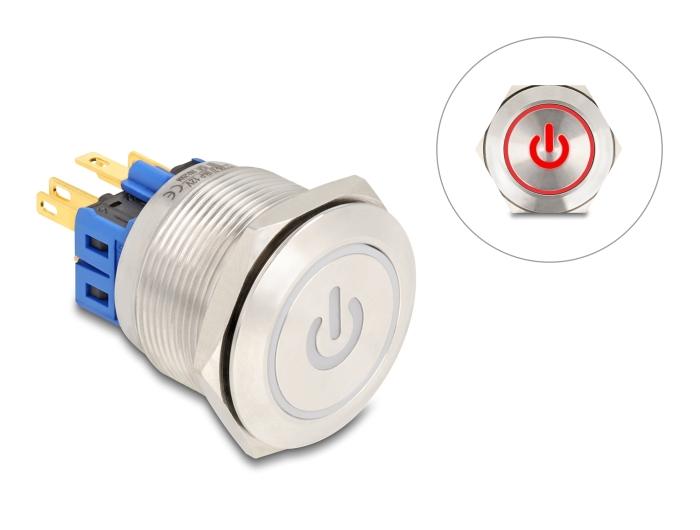 Delock Drucktaster zum Einbau 25 mm 6 x Lötanschluss LED rot Powersymbol