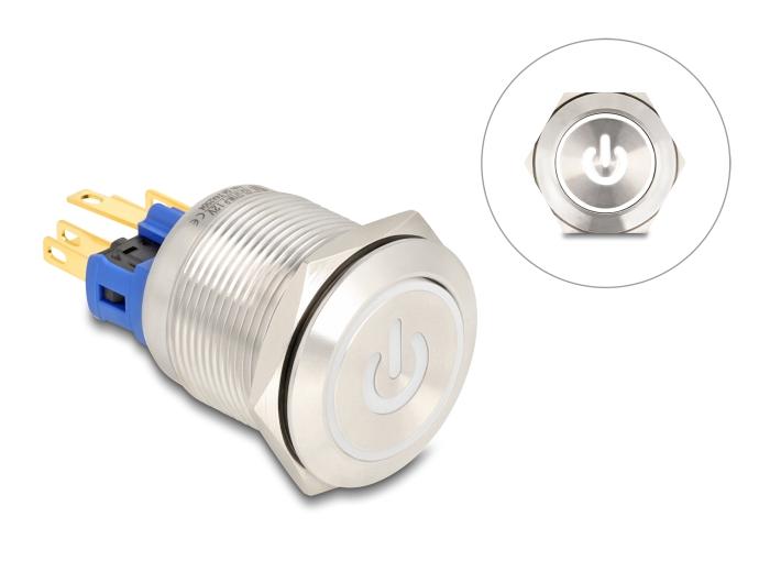Delock Drucktaster zum Einbau 22 mm 6 x Lötanschluss LED weiß Powersymbol
