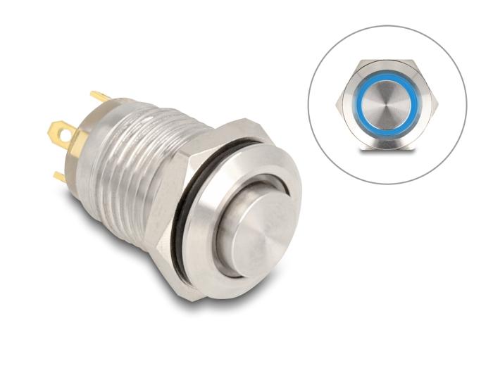 Delock Drucktaster zum Einbau 12 mm 4 x Lötanschluss LED blau