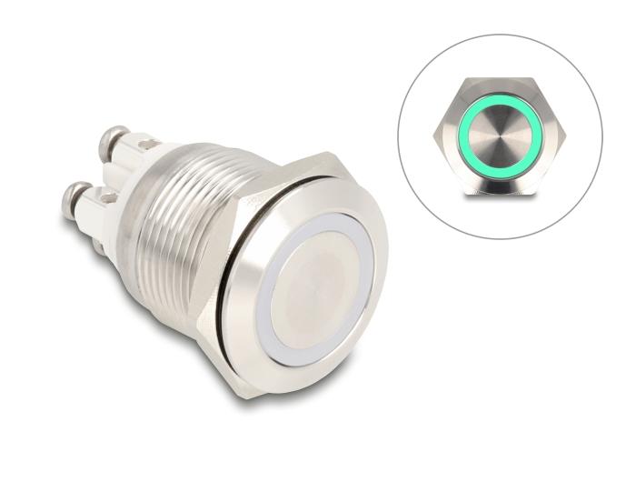 Delock Drucktaster zum Einbau 19 mm 4 x Schraubklemme LED grün