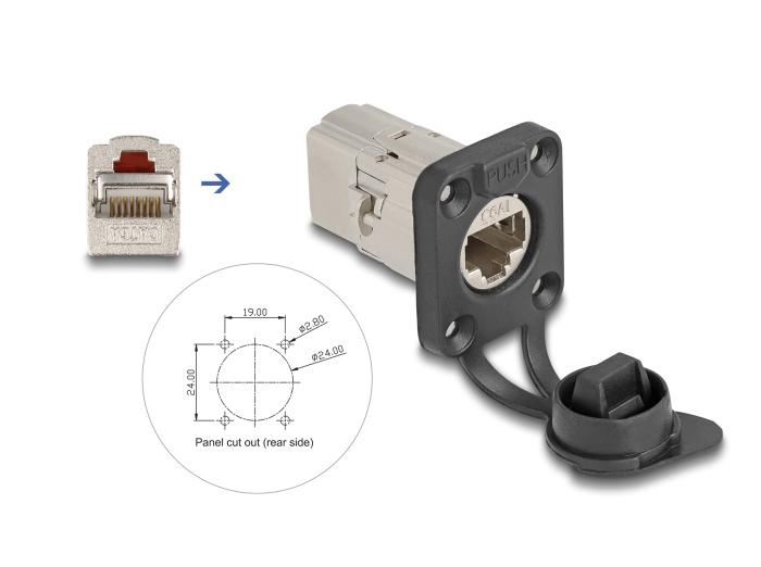 Delock D-Typ RJ45 Einbaudose / Kupplung Cat.6A STP mit Schutzkappe IP66