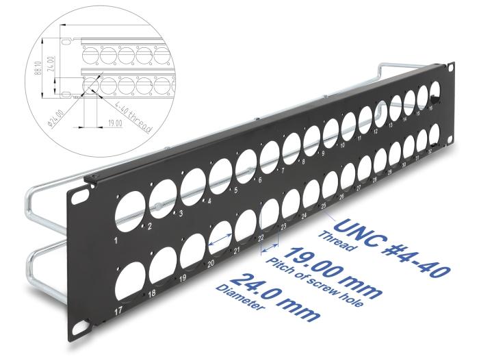 Delock 19″ D-Typ Patchpanel mit Entlastungsschienen 32 Port 2 HE schwarz