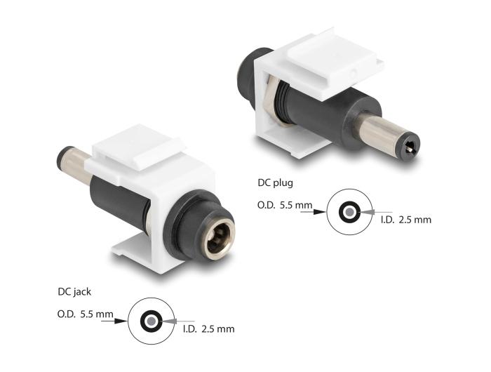 Delock Keystone Modul DC 5,5 x 2,5 mm Buchse zu DC 5,5 x 2,5 mm Stecker weiß