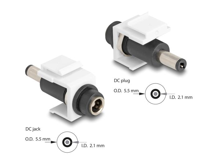 Delock Keystone Modul DC 5,5 x 2,1 mm Buchse zu DC 5,5 x 2,1 mm Stecker weiß