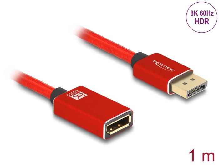Delock DisplayPort Verlängerungskabel 8K 60 Hz 1 m rot Metall ohne Einrast