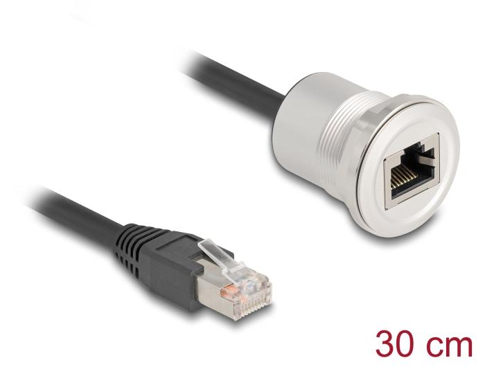 Delock RJ45 Einbaubuchse mit Kabelpeitsche Stecker Cat.5e STP 30 cm Alumin
