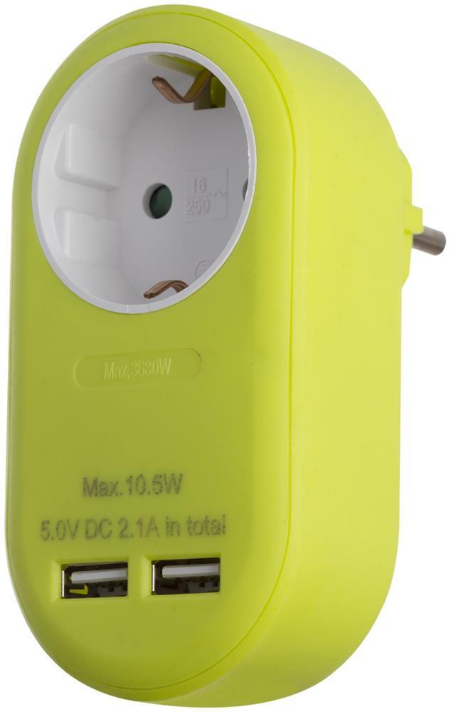 Entac Power Adapter 1 geerde Steckdose und 2 USB (total 2.1A) Lime - Entac