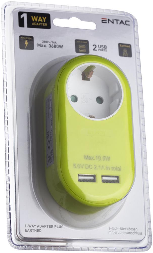 Entac Power Adapter 1 geerde Steckdose und 2 USB (total 2.1A) Lime - Entac