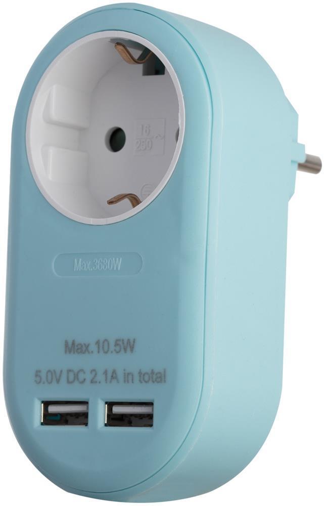 Entac Power Adapter 1 geerde Steckdose und 2 USB (gesamt 2,1A) Blau - Entac