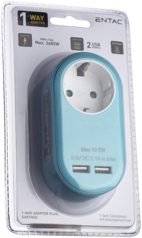Entac Power Adapter 1 geerde Steckdose und 2 USB (gesamt 2,1A) Blau - Entac