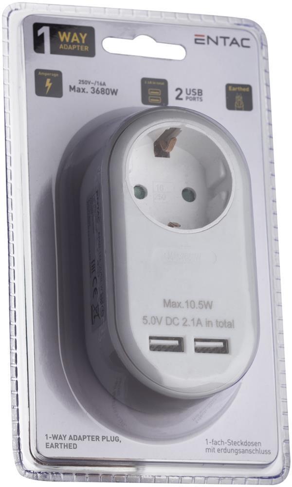 Entac Power Adapter 1 geerde Steckdose und 2 USB (insgesamt 2,1 A) Weiß - Entac