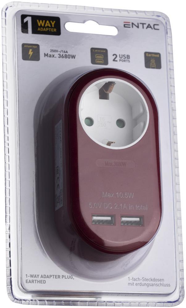 Entac Power Adapter 1 geerde Steckdose und 2 USB (insgesamt 2,1 A) Burgundy - Entac
