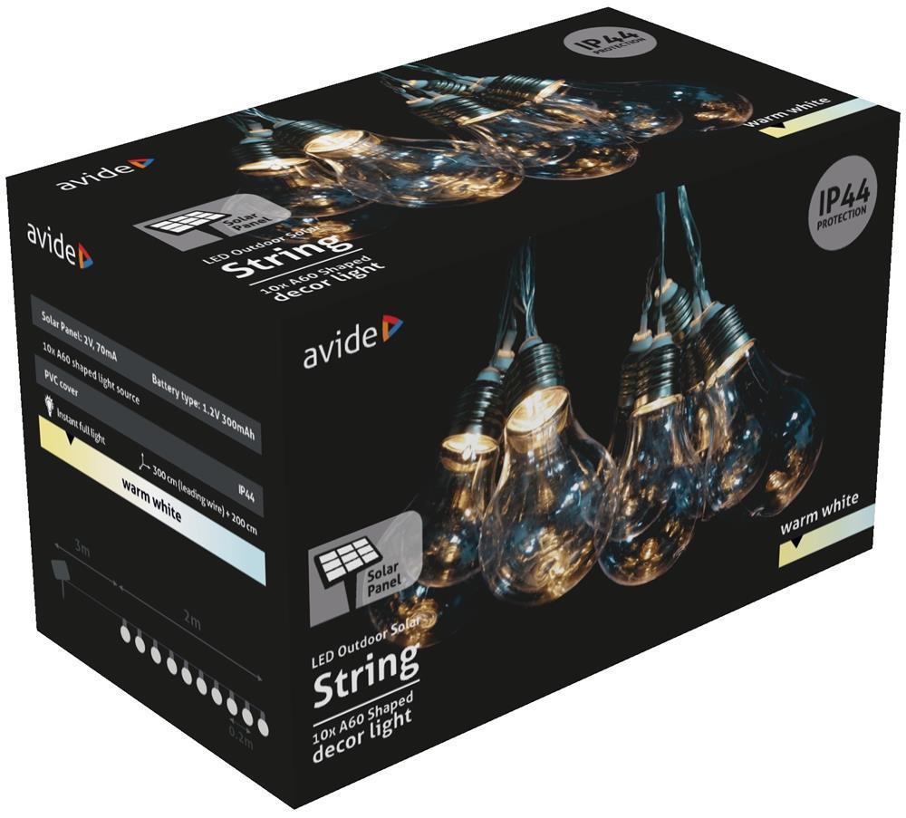 Avide Outdoor Solar String 5m, Transparentes Kabel, 10 klare Kugeln, WW, IP44 - Avide