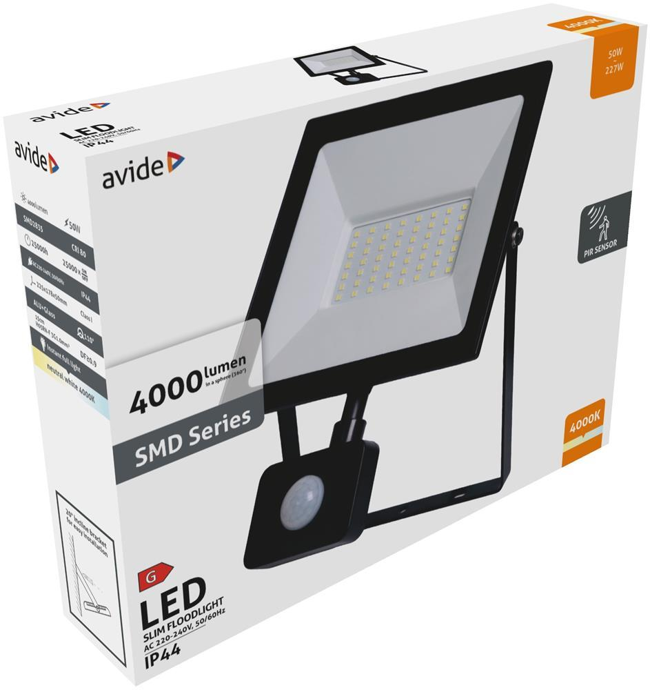 Avide Value LED Flutlicht Slim SMD 50W NW 4000K PIR - Avide