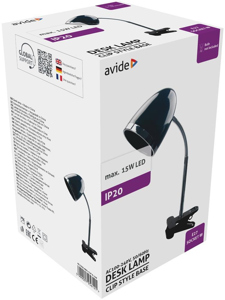 Avide Basic Schreibtischlampe Clip Schwarz E27 max.15W - Avide