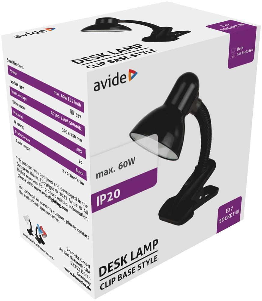 Avide Basic Schreibtischlampe Clip Schwarz Max 60W - Avide