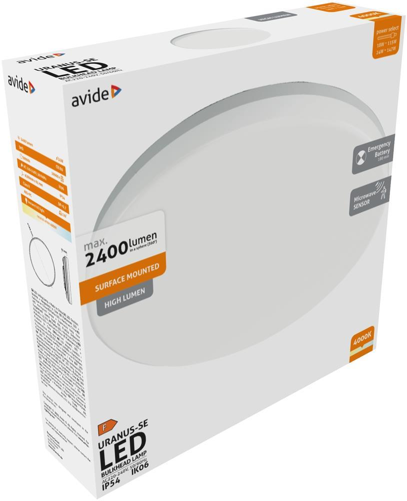 Avide Bulkhead Lamp Uranus Round IP54 18/24W NW 4000K Sensor und Batterie - Avide
