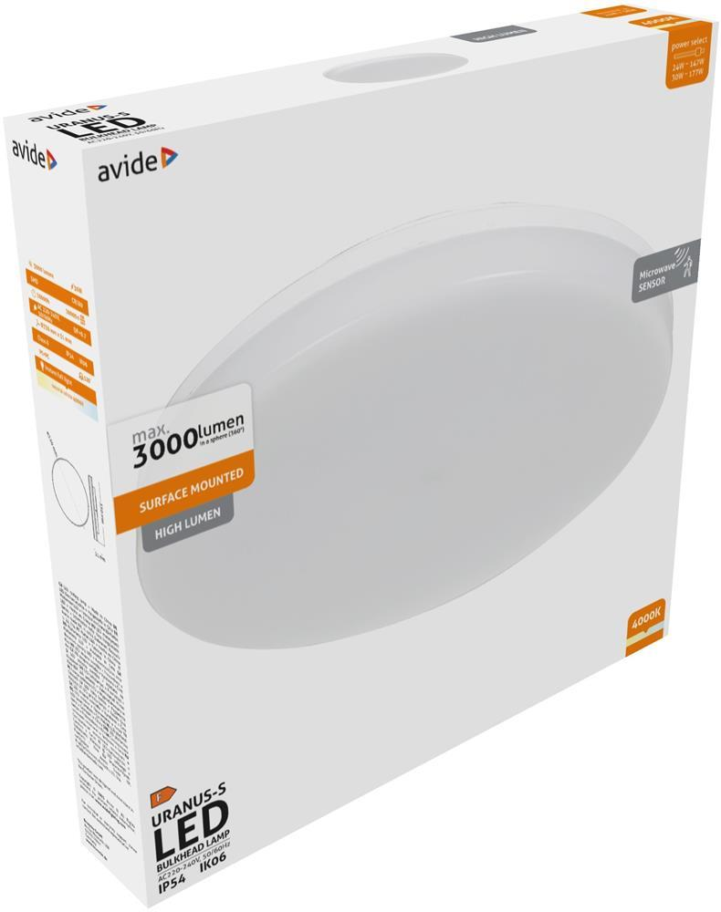 Avide Bulkhead Lamp Uranus Round IP54 24/30W NW 4000K White Sensor - Avide