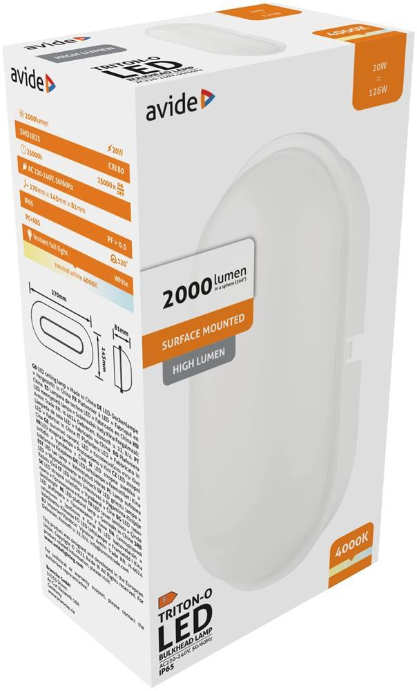 Avide Bulkhead Lamp Triton-O Oval IP65 20W NW 4000K Weiß 100lm/W - Avide