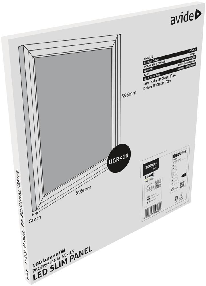 Avide LED Panel 600x600mm 36W CW 6400K 100lm/W UGR+IP44 Professional Range - Avide