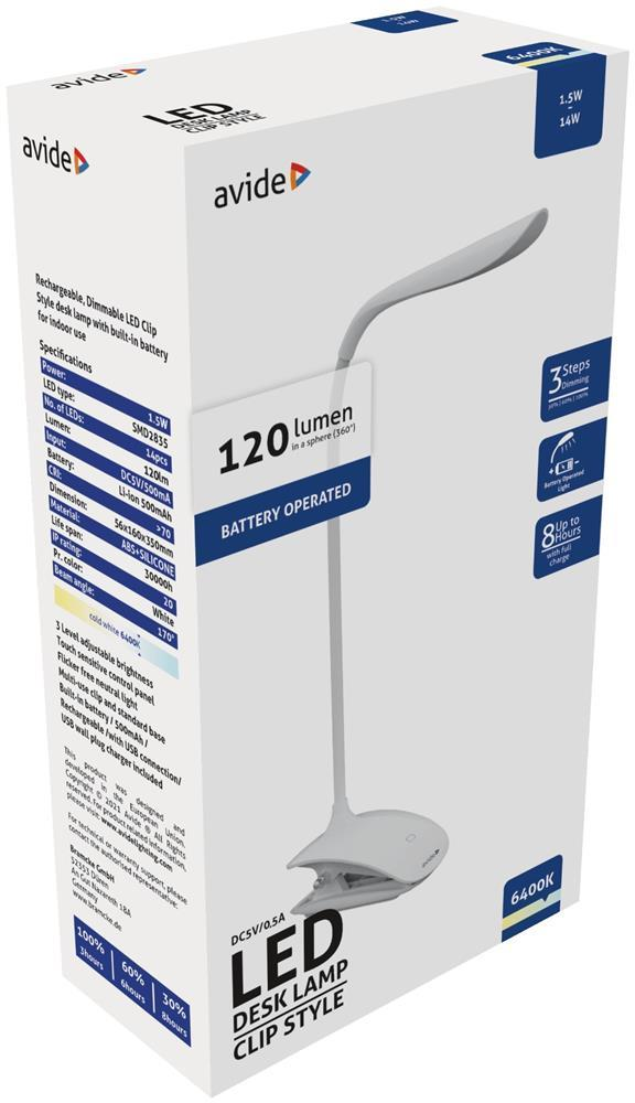 Avide LED Schreibtischlampe Clip Weiß 1.5W - Avide