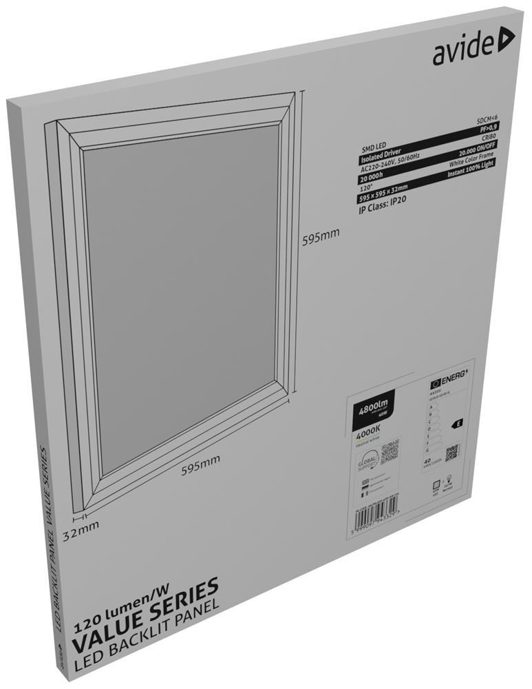 Avide LED Panel 600x600mm 40W NW 4000K 120lm/W Value Range Backlit - Avide