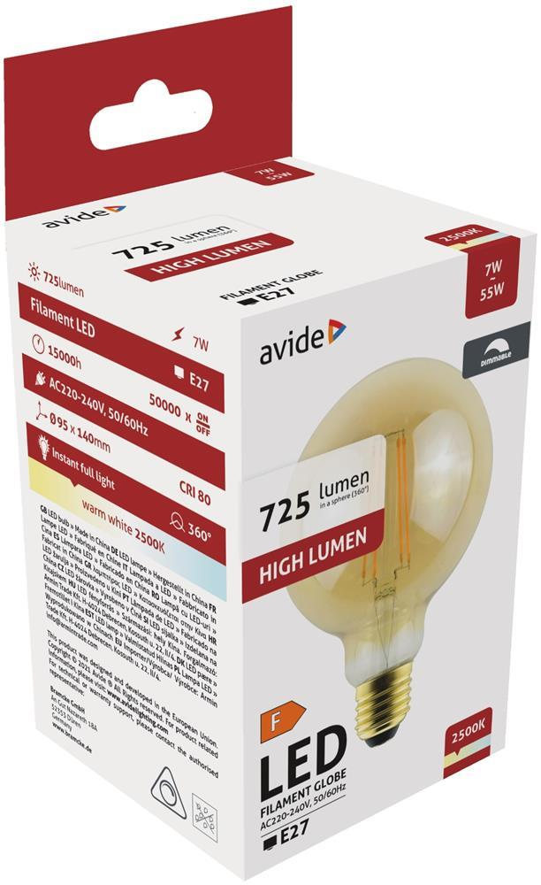 Avide LED Filament Globe G95 7W Dimmbar/Bernstein E27 WW 2500K - Avide