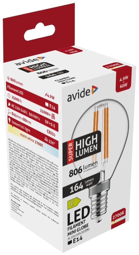 Avide LED Filament Mini Globe 4.9W E14 WW 2700K Super High Lumen - Avide