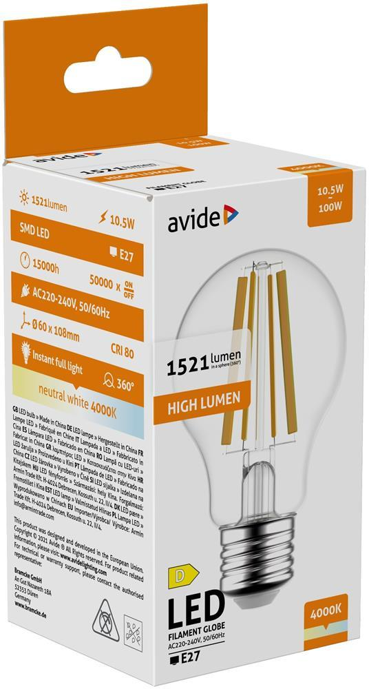 Avide LED Filament Globe 10.5W E27 A60 NW 4000K High Lumen - Avide
